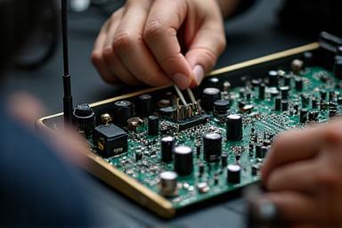 Technician repairing high-end audio equipment